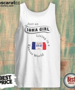 Official Just An Iowa Girl Living In A Kansas World Iowa Flag tank top optimized for showcasing vibrant colors and design.