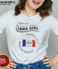 Official Just An Iowa Girl Living In A Kansas World Iowa Flag v neck optimized garment showcasing vibrant design.
