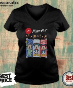 Original Pizza Hut Mickey Mouse USA Patriotic Fireworks v neck optimized shirt featuring patriotic fireworks and Mickey Mouse design