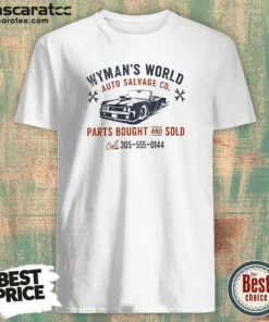 Pretty Wymans World Auto Salvage Co shirt optimized for clear display on a classic crew neck short sleeve tee