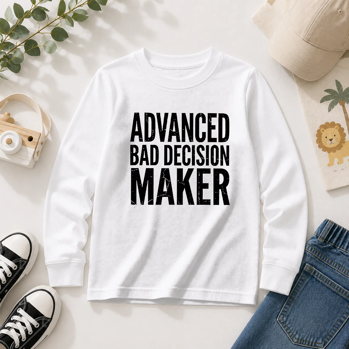 Awesome Advanced Bad Decision Maker Long Sleeve Shirt in black with bold white text on front