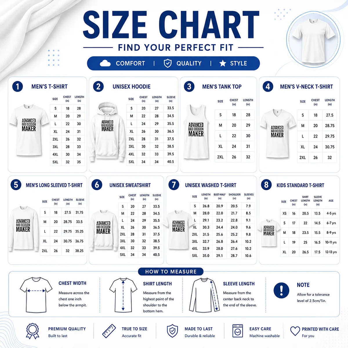 Awesome Advanced Bad Decision Maker Size Chart Size chart for Awesome Advanced Bad Decision Maker with measurements in inches and cm