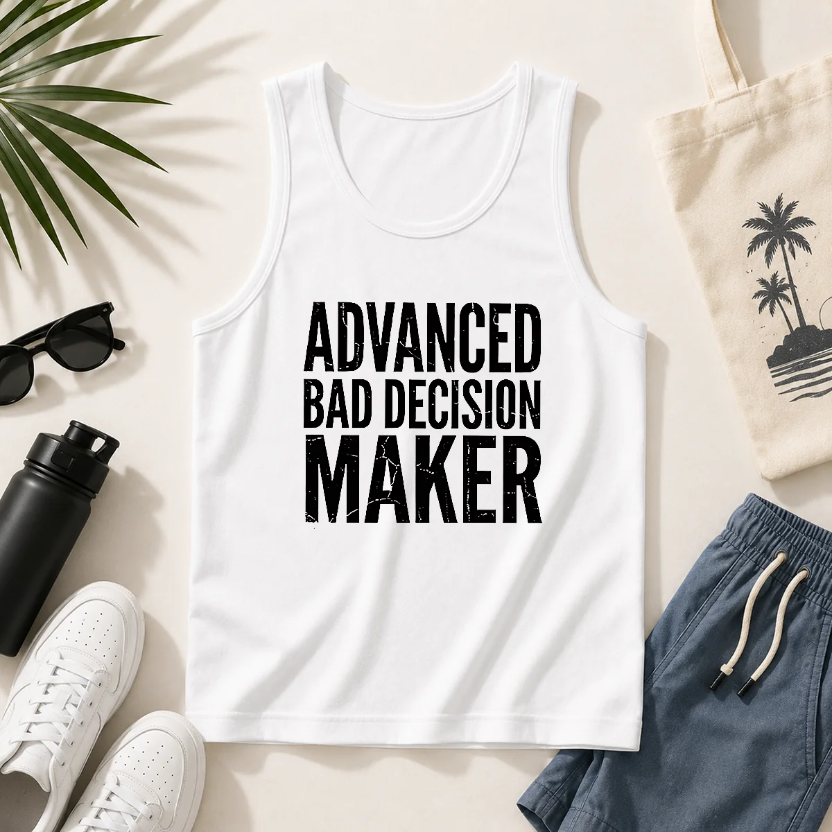 Awesome Advanced Bad Decision Maker Tank Top in black with bold white text and casual fit