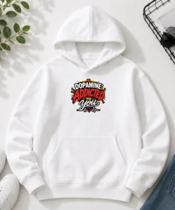 Funny Dopamine Addicted To You Bold Typography printed on a comfortable black hoodie with front pocket and drawstring hood