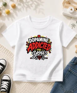 Funny Dopamine Addicted To You Bold Typography Kids T Shirt featuring playful text on a comfortable short-sleeve cotton tee