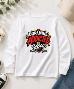 Funny Dopamine Addicted To You Bold Typography Long Sleeve Shirt in black with white text, front view