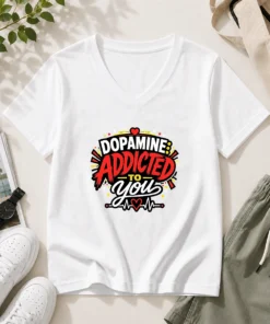 Funny Dopamine Addicted To You Bold Typography V-Neck Shirt