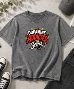 Funny Dopamine Addicted To You Bold Typography on a soft washed t shirt in light gray color