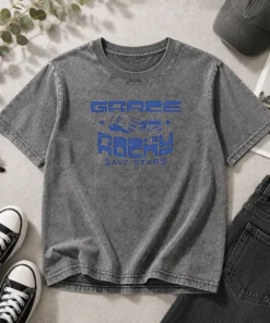 Funny Grace And Rocky Save Stars Fist Bump design on a soft washed t shirt in light grey