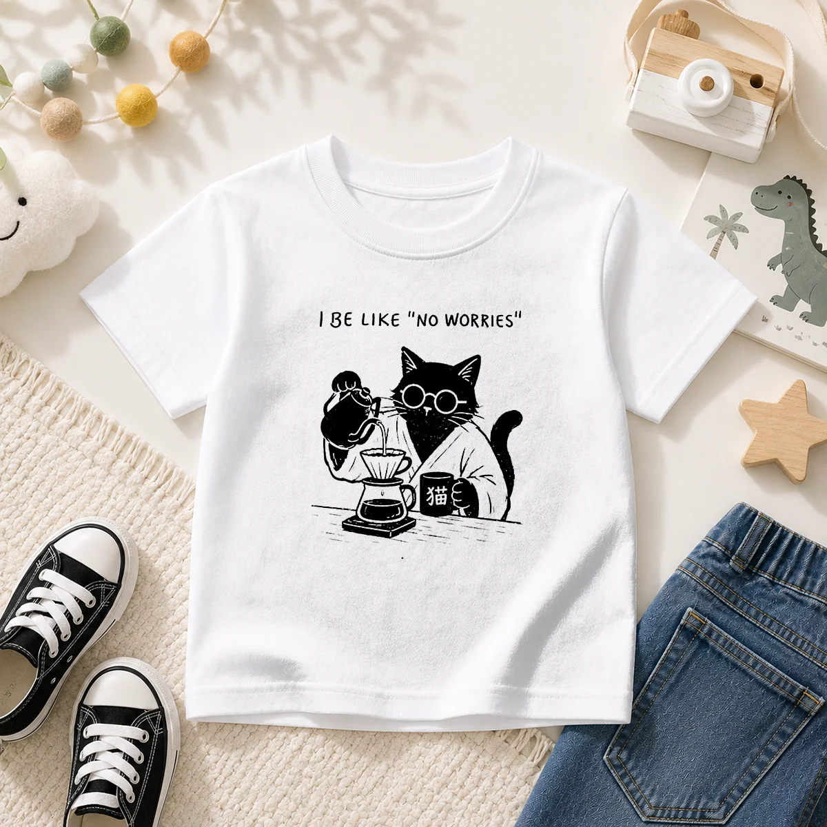 Funny I Be Like No Worries Then Worries Black Cat Coffee Lover Kids T-Shirt
