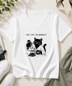 Funny I Be Like No Worries Then Worries Black Cat Coffee Lover V-Neck Shirt