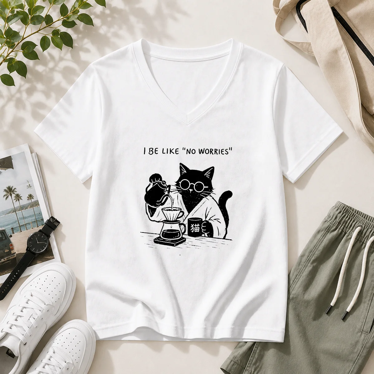 Funny I Be Like No Worries Then Worries Black Cat Coffee Lover V-Neck Shirt