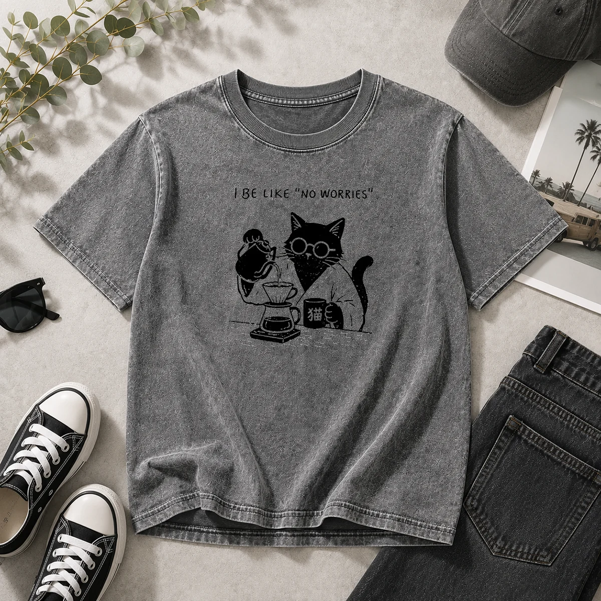 Funny I Be Like No Worries Then Worries Black Cat Coffee Lover Washed T-Shirt