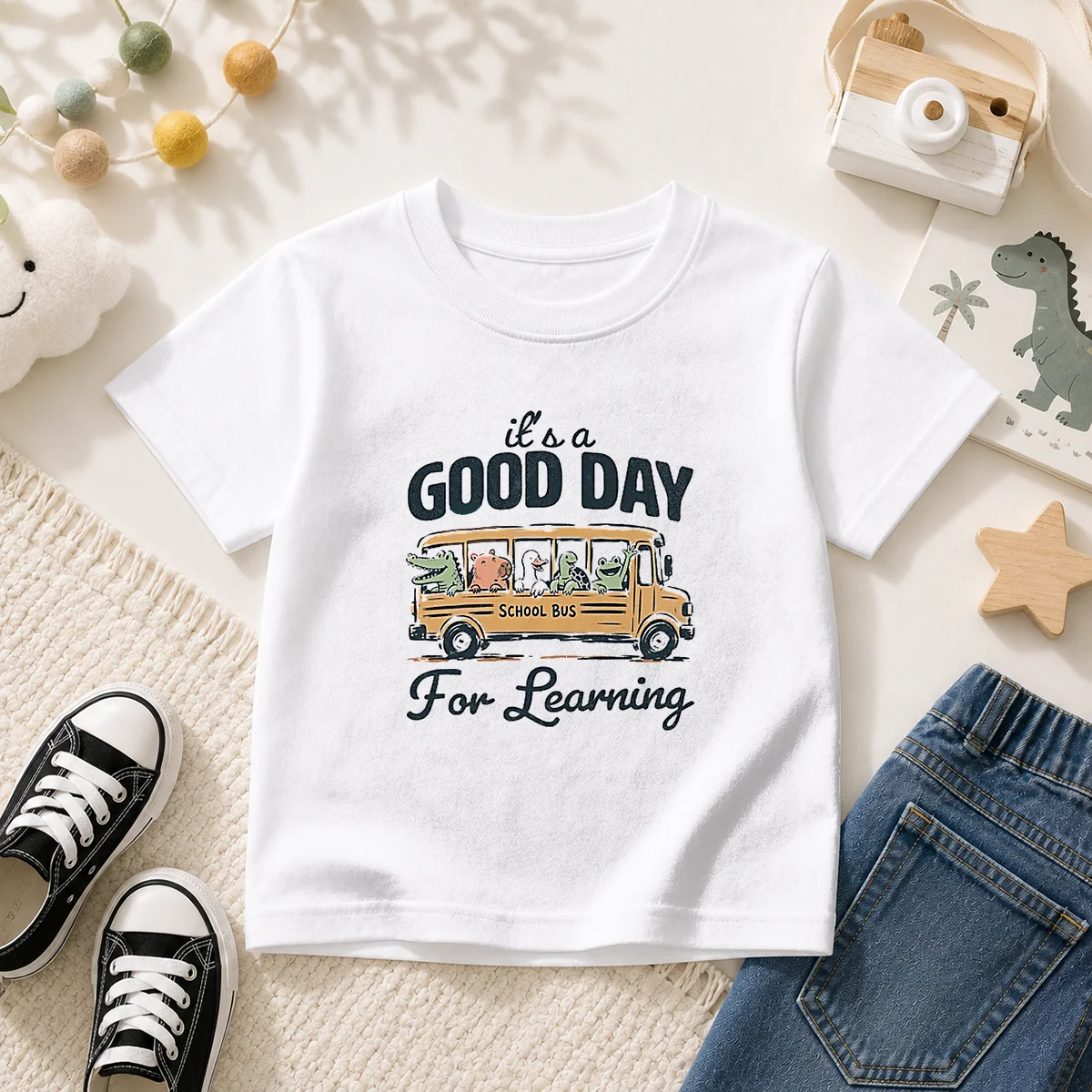 Funny It'S A Good Day For Learning School Bus Animals Kids T-Shirt