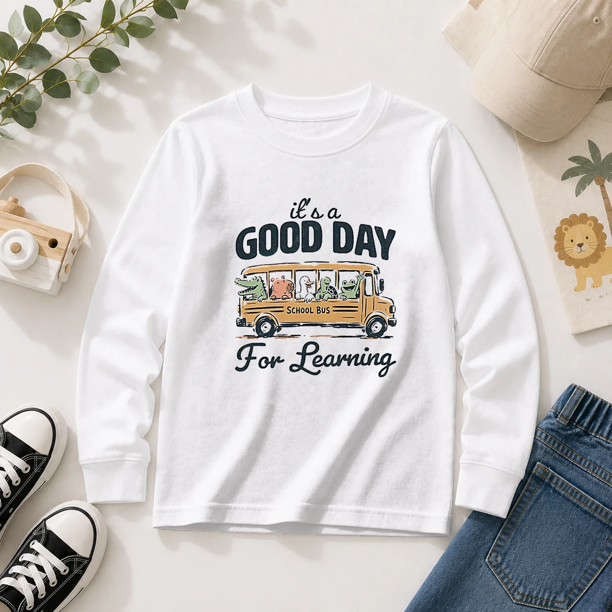 Funny It'S A Good Day For Learning School Bus Animals Long Sleeve Shirt