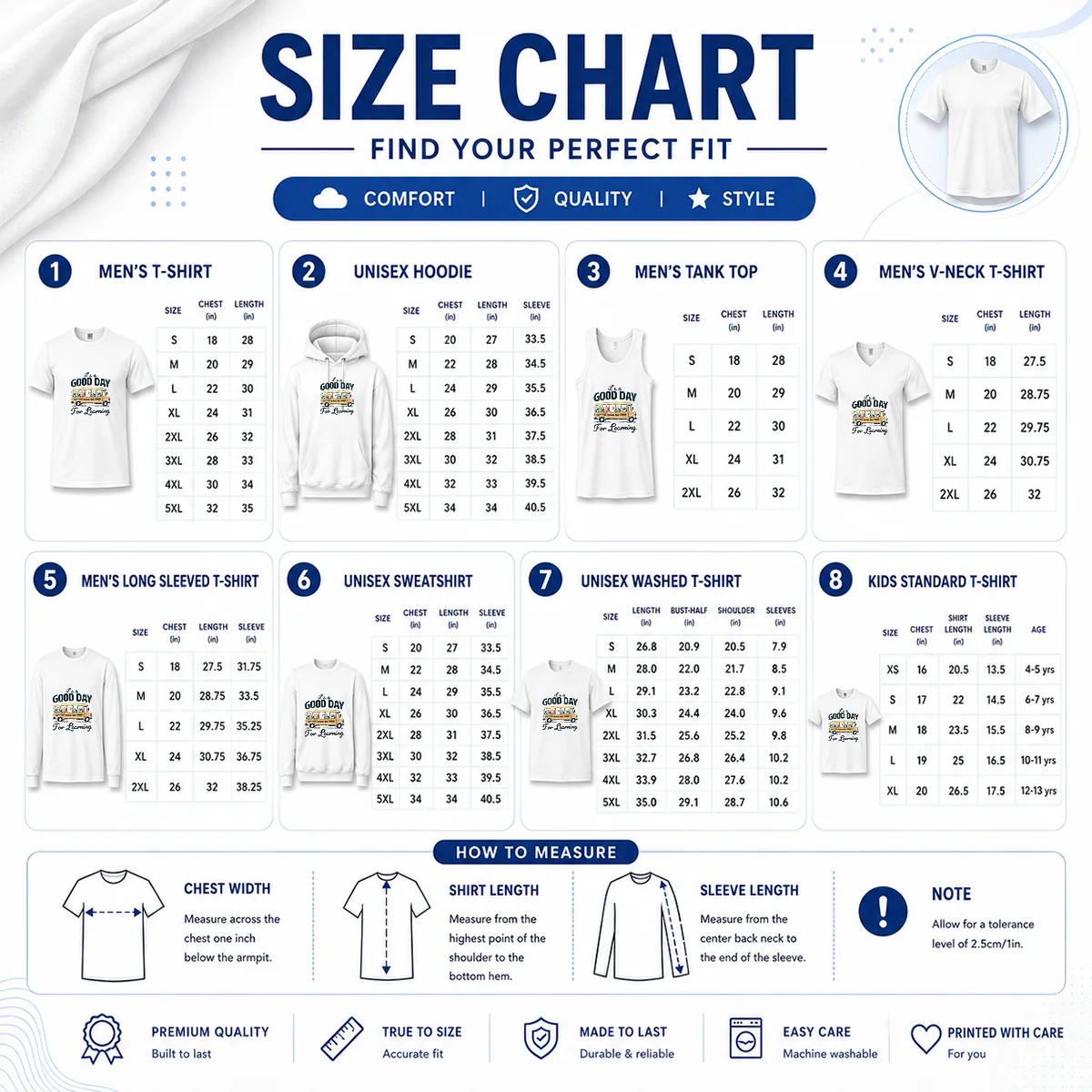 Funny It'S A Good Day For Learning School Bus Animals Size Chart Size chart for Funny It'S A Good Day For Learning School Bus Animals with measurements in inches and cm