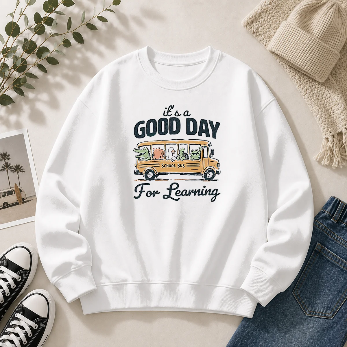Funny It'S A Good Day For Learning School Bus Animals Sweater