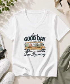 Funny It'S A Good Day For Learning School Bus Animals V-Neck Shirt