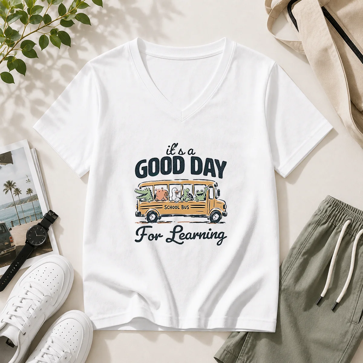 Funny It'S A Good Day For Learning School Bus Animals V-Neck Shirt