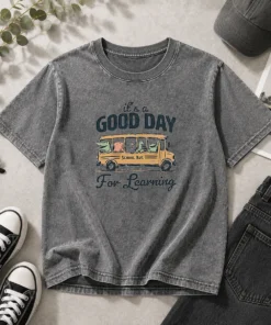 Funny It'S A Good Day For Learning School Bus Animals Washed T-Shirt