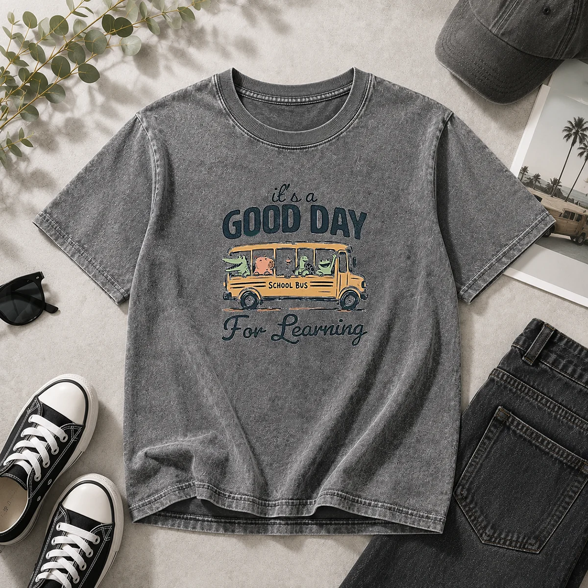 Funny It'S A Good Day For Learning School Bus Animals Washed T-Shirt