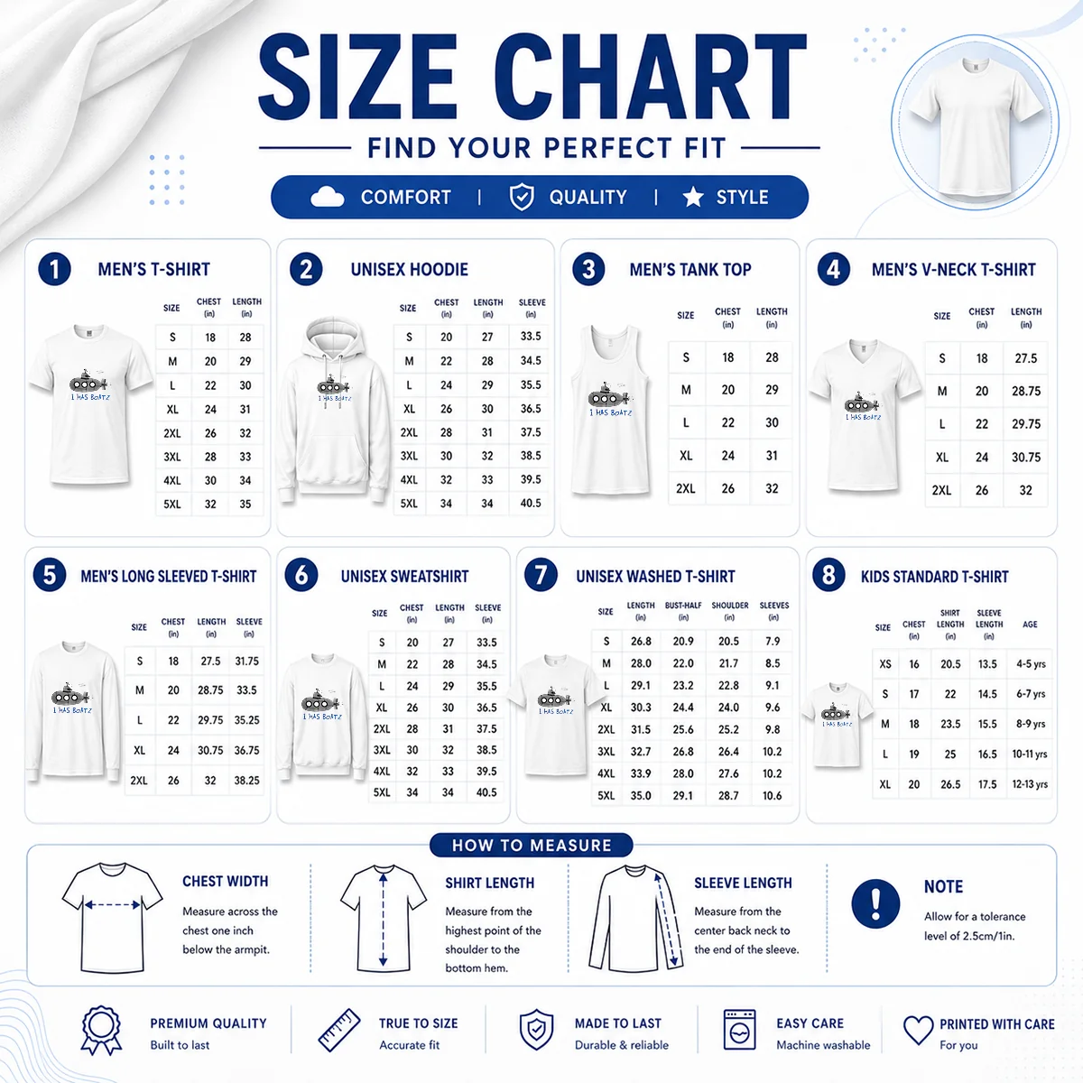 Funny Submarine I Has Boatz Cartoon Meme Size Chart Size chart for Funny Submarine I Has Boatz Cartoon Meme with measurements in inches and cm