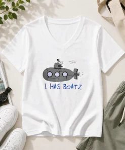 Funny Submarine I Has Boatz Cartoon Meme V Neck Shirt showing playful submarine graphic on a casual V neck tee