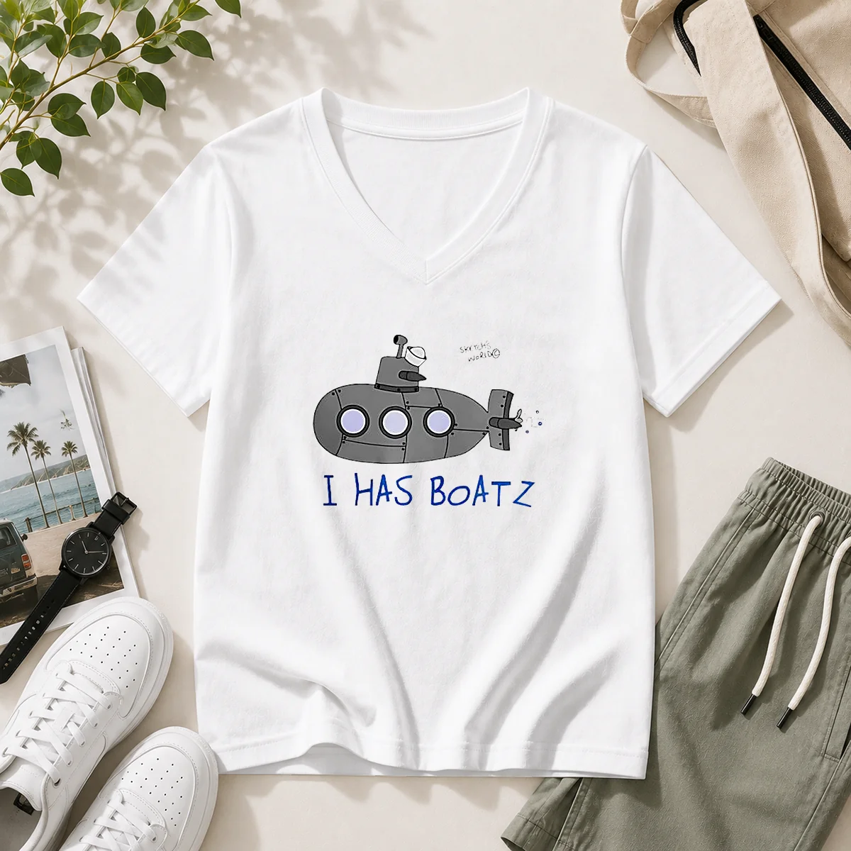 Funny Submarine I Has Boatz Cartoon Meme V Neck Shirt showing playful submarine graphic on a casual V neck tee