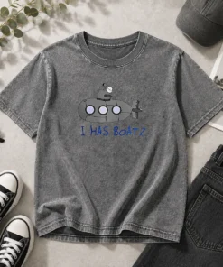 Funny Submarine I Has Boatz Cartoon Meme Washed T Shirt featuring a humorous submarine cartoon on a soft washed fabric
