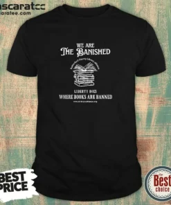 Funny We Are The Banished Rutherford County Library Alliance Stack Of Books shirt in black, short sleeve casual tee