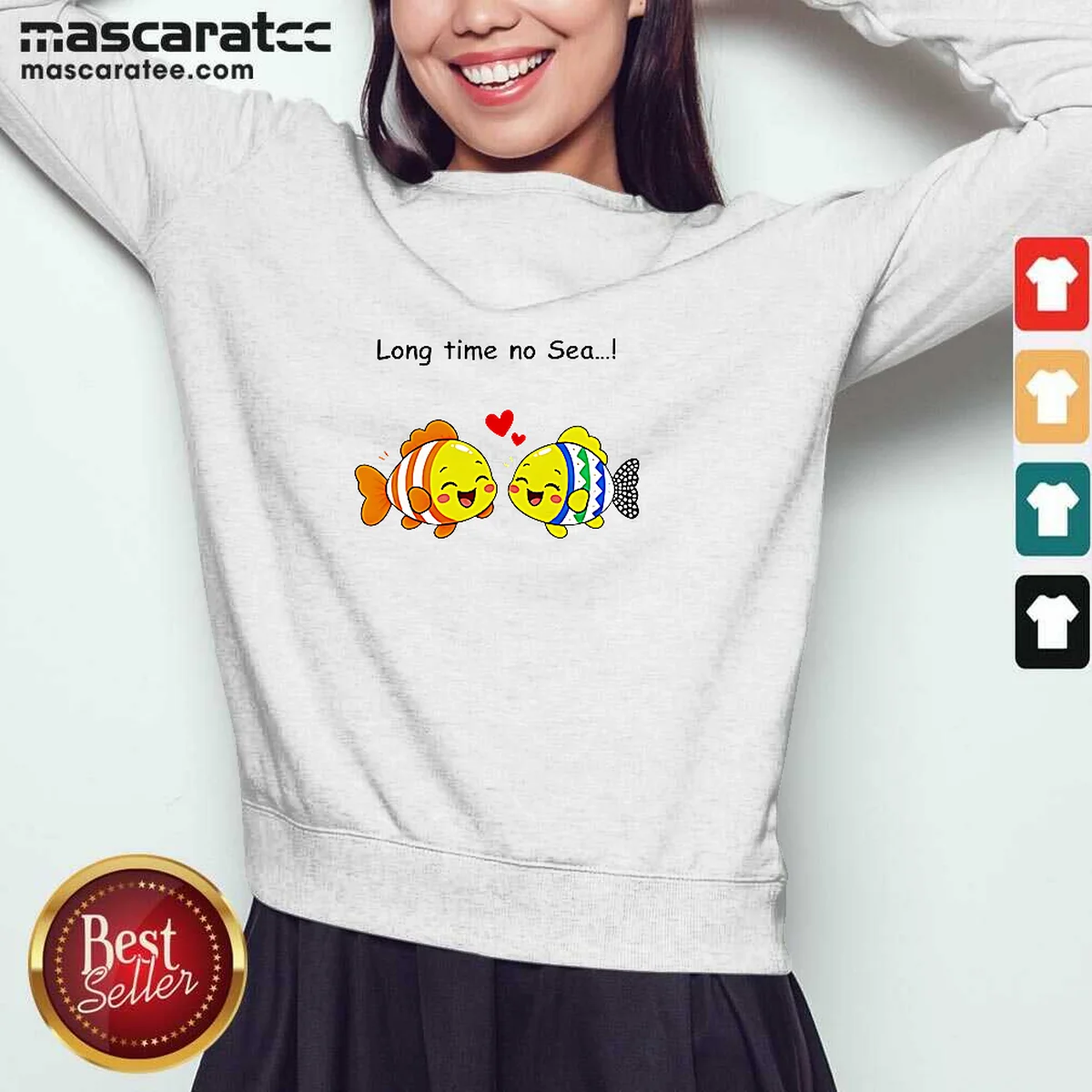 Good Cute Fish Couple Long Time No Sea Pun Cartoon Illustration Animal Sweatshirt