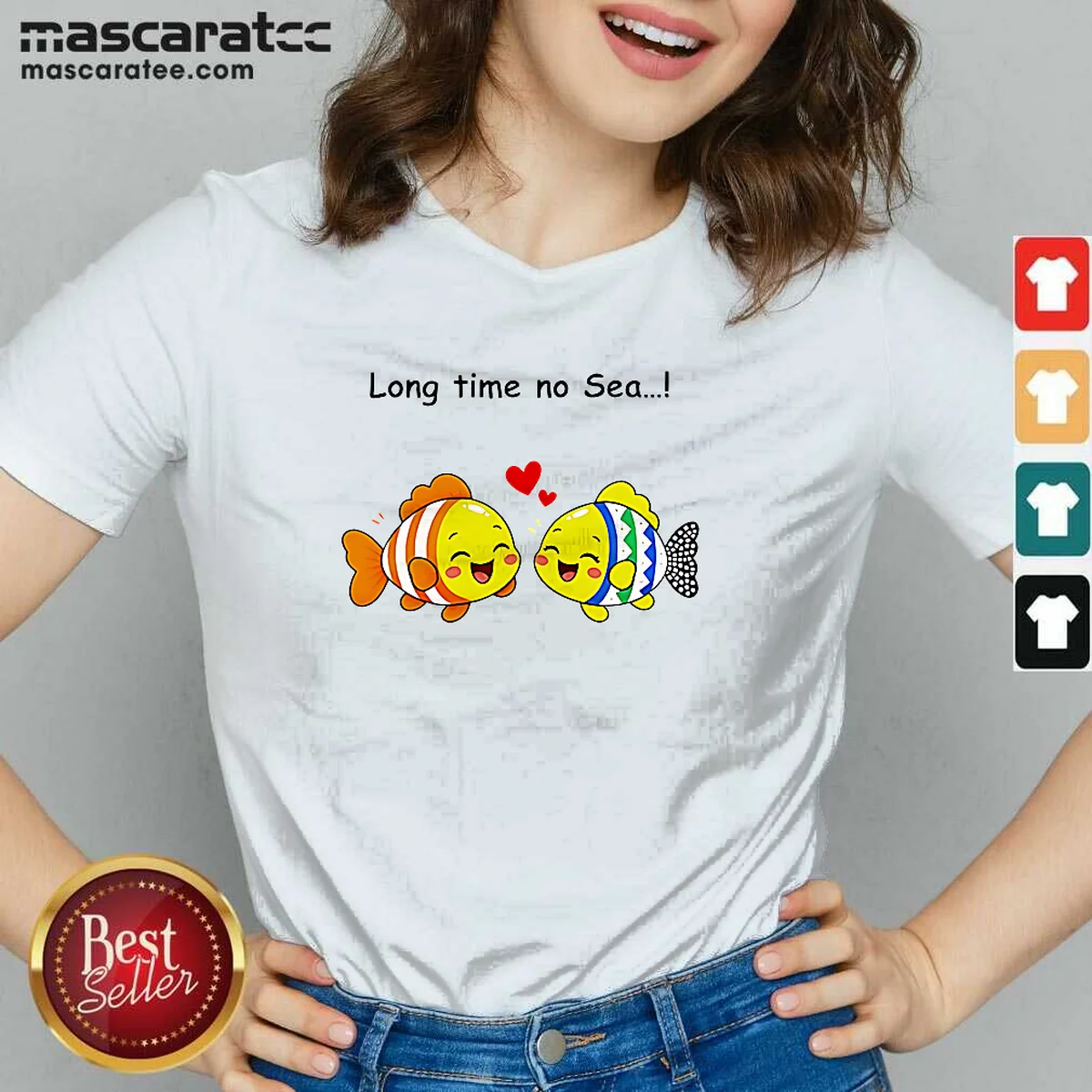 Good Cute Fish Couple Long Time No Sea Pun Cartoon Illustration Animal V-Neck Shirt