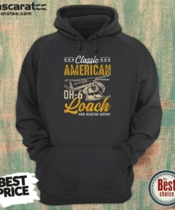 Nice Classic American Hughes OH 6 Cayuse Loach Arm Aviation Action Hoodie in dark color with front pocket and hood