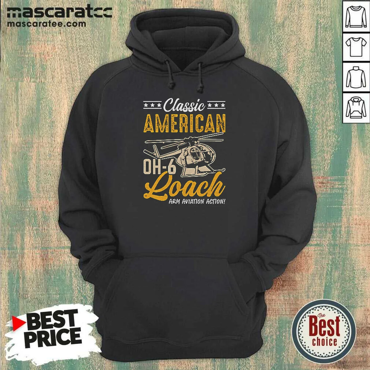 Nice Classic American Hughes OH 6 Cayuse Loach Arm Aviation Action Hoodie in dark color with front pocket and hood