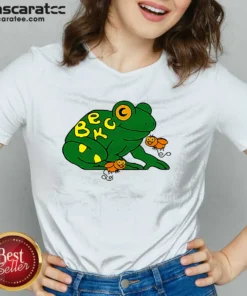 Original Beck Frog With Flies Alternative Rock Indie Music V Neck Shirt showing front graphic and v neck collar