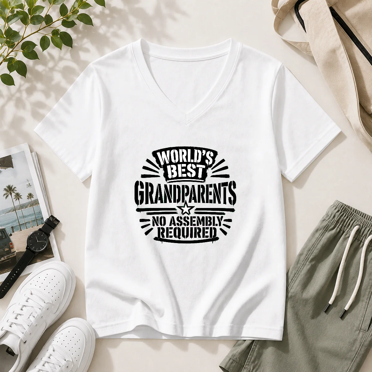 Original Grandparents Day Stencil Shirt Worlds Best No Assembly Neede V-Neck Shirt