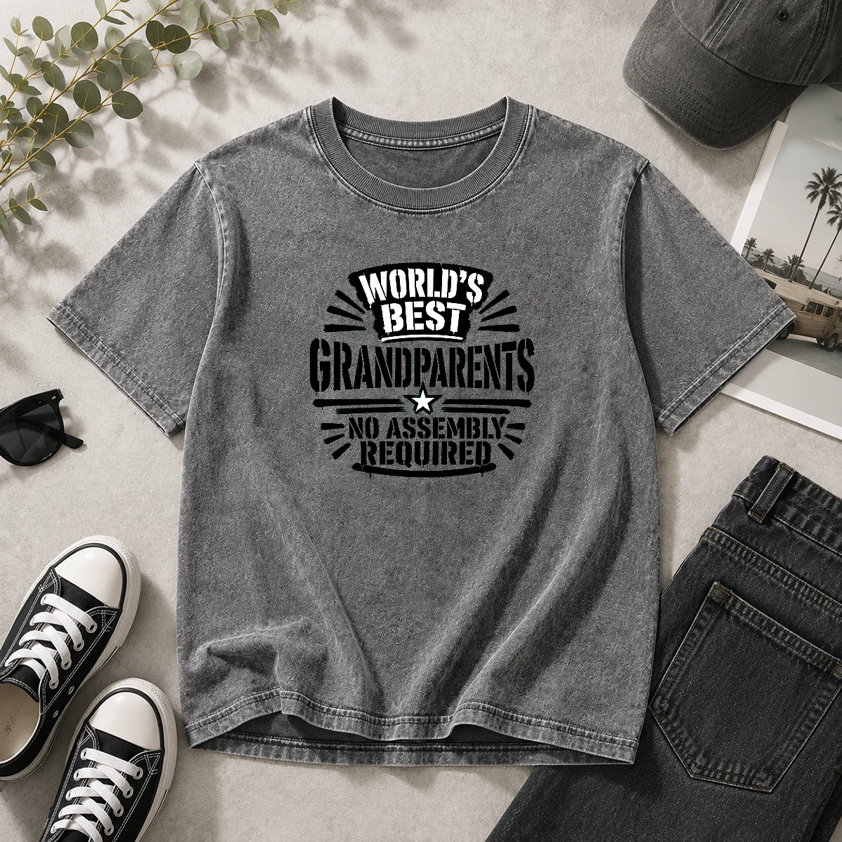 Original Grandparents Day Stencil Shirt Worlds Best No Assembly Neede printed on a soft washed t shirt in light gray
