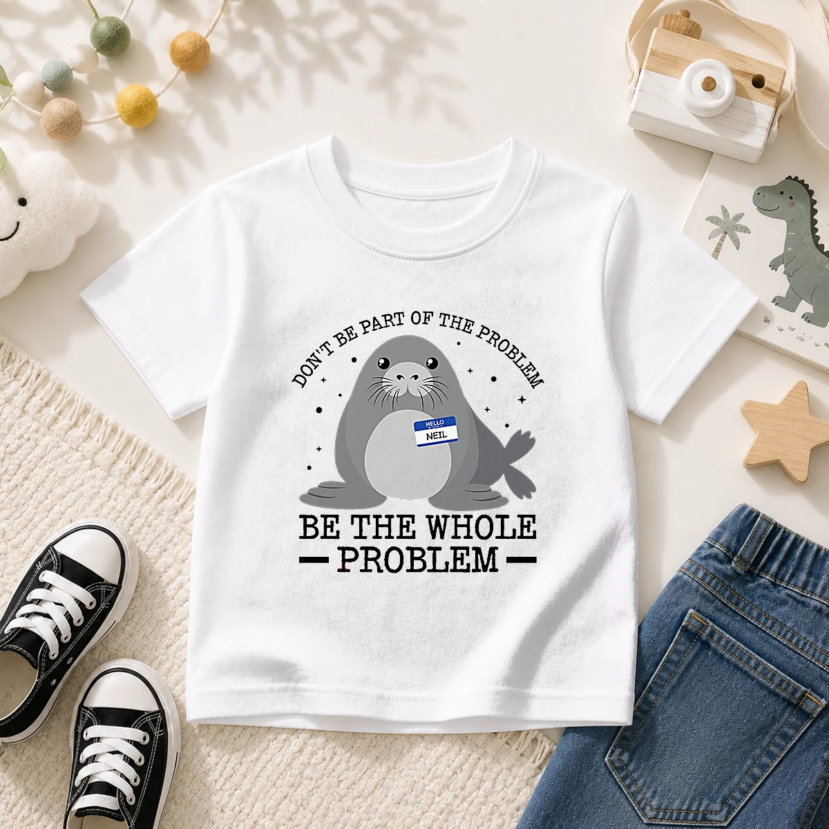 Original Hello My Name Is Neil Funny Seal Character Copy Kids T Shirt featuring a playful seal graphic on a comfortable kid t shirt