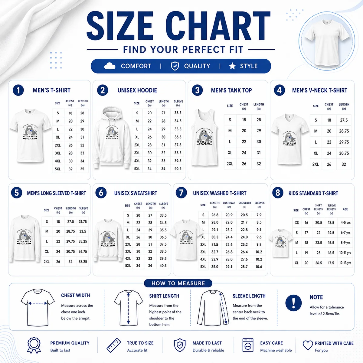 Original Hello My Name Is Neil Funny Seal Character Copy Size Chart Size chart for Original Hello My Name Is Neil Funny Seal Character Copy with measurements in inches and cm