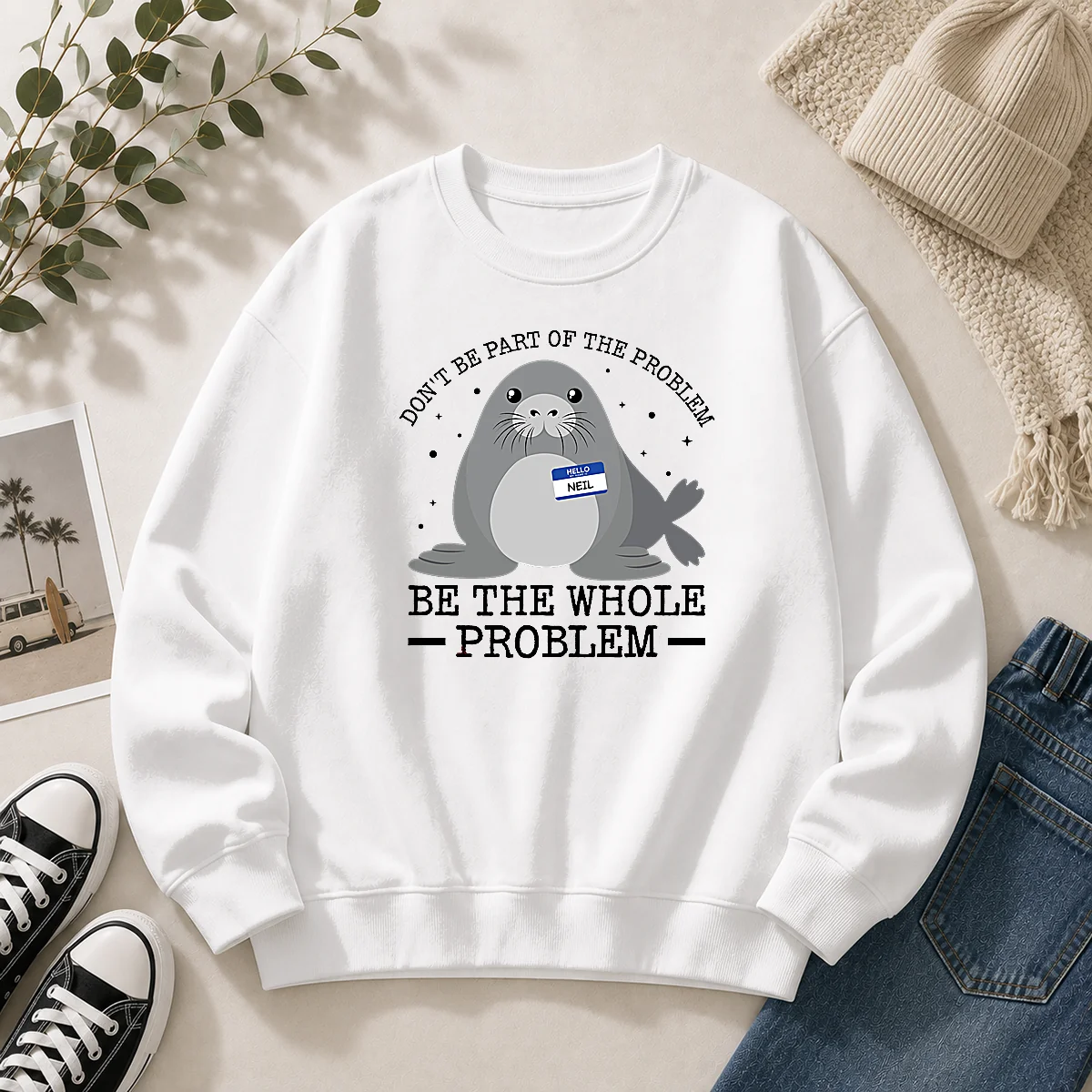 Original Hello My Name Is Neil Funny Seal Character Copy Sweater
