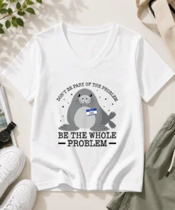Original Hello My Name Is Neil Funny Seal Character Copy V Neck Shirt showing front graphic design on a fitted short sleeve garment