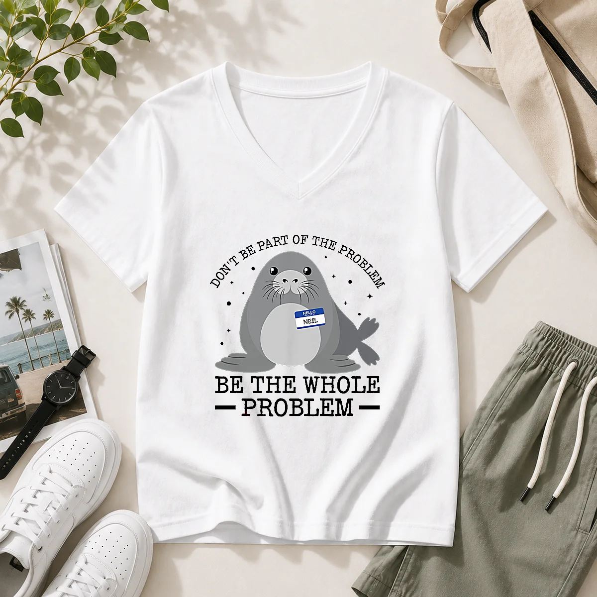 Original Hello My Name Is Neil Funny Seal Character Copy V Neck Shirt showing front graphic design on a fitted short sleeve garment