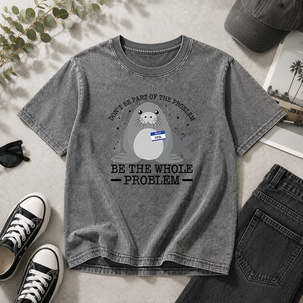 Original Hello My Name Is Neil Funny Seal Character Copy Washed T-Shirt