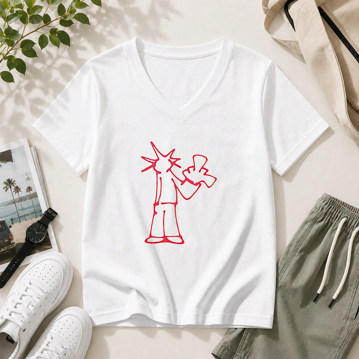 Original Statue Of Liberty New York City Sketch Art Doodle Minimal Line Drawing V-Neck Shirt