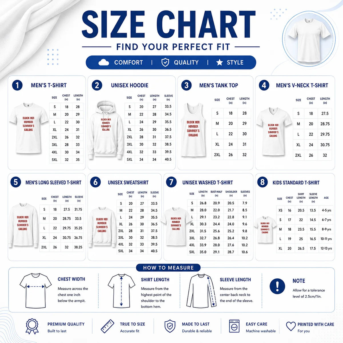 Premium Block Her Number Summer'S Calling Summer Vibes Size Chart Size chart for Premium Block Her Number Summer'S Calling Summer Vibes with measurements in inches and cm