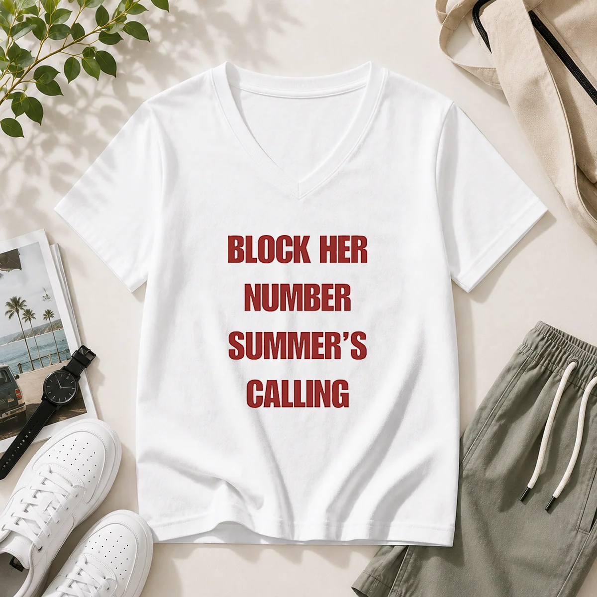 Premium Block Her Number Summer'S Calling Summer Vibes V-Neck Shirt