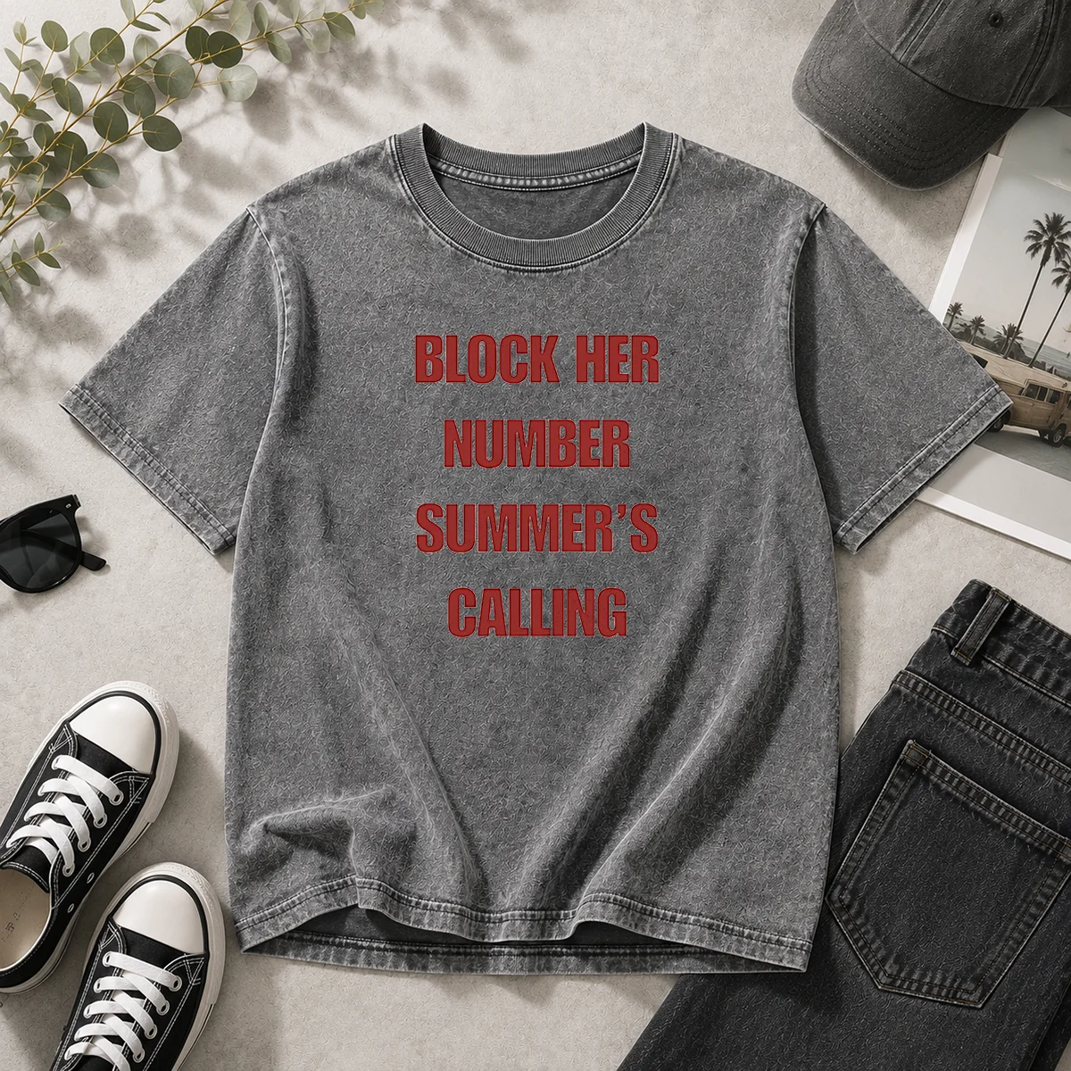 Premium Block Her Number Summer'S Calling Summer Vibes Washed T-Shirt