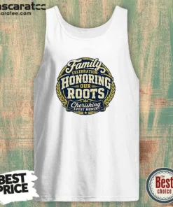 Pretty Family Celebration Gratitude Mascot Badge Tank Top in white, featuring a cheerful family mascot design on front
