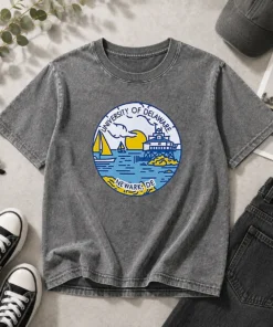 Pretty University Of Delaware Newark DE Coastal Emblem Washed T Shirt showing soft fabric and coastal emblem print