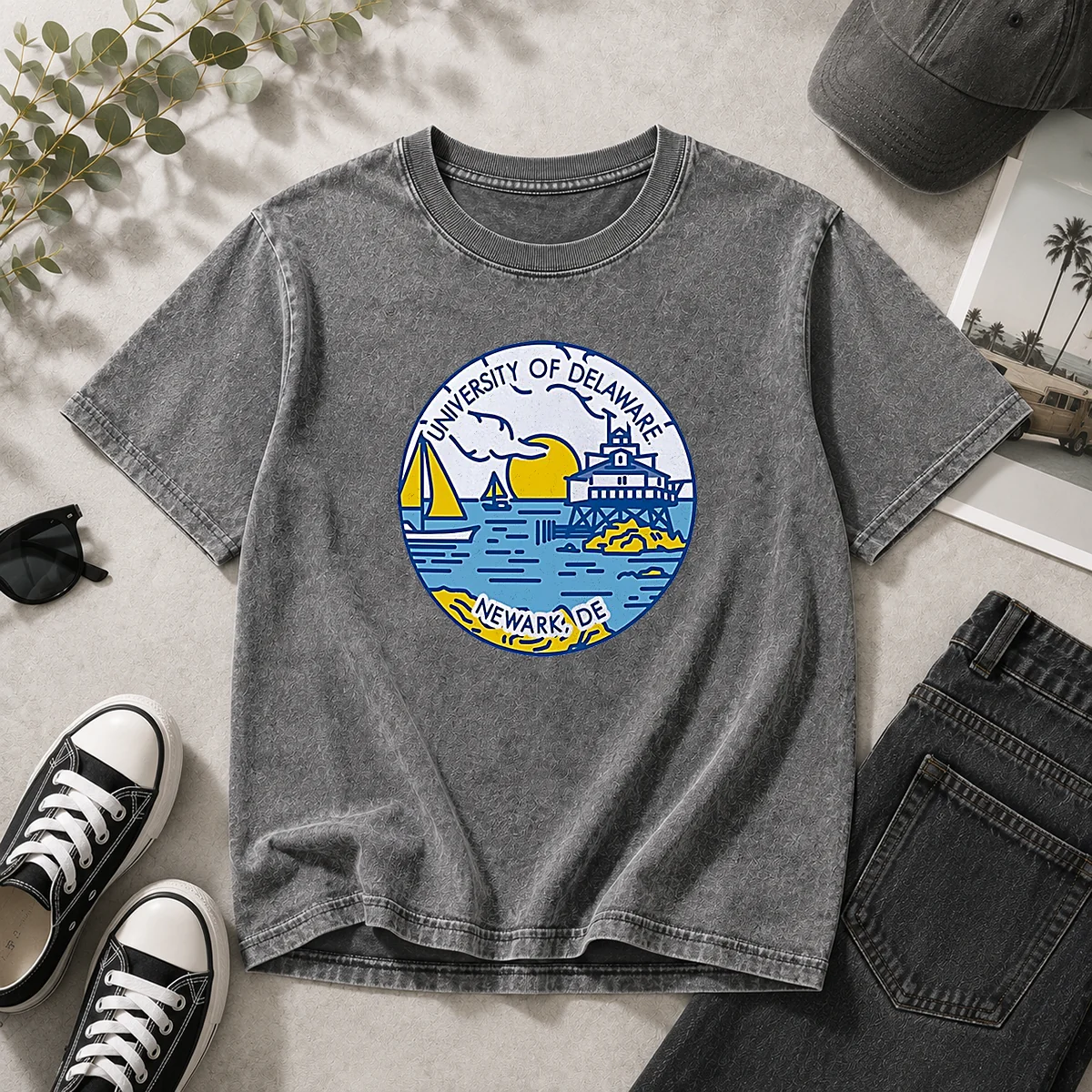 Pretty University Of Delaware Newark DE Coastal Emblem Washed T Shirt showing soft fabric and coastal emblem print